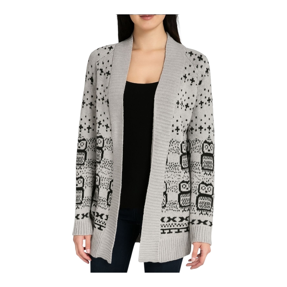 Cozy Gray and Black Owl Patterned Women's Fall Open Front Layering Sweater